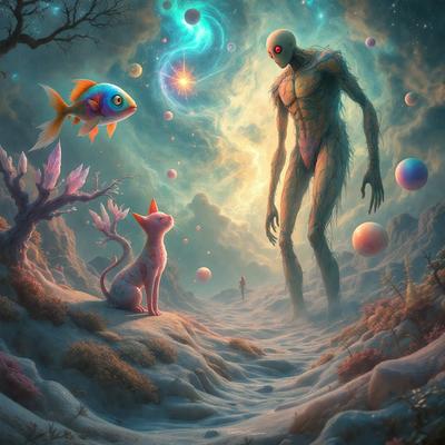 The primary subject of the image is a large, strange-looking creature standing in a field. The creature appears to be a mix of a fish and a human, with a fish's head and a human's body. The setting is a field with a sky background, and the visual style is digital art. The dominant colors in the image are blue and purple, creating a serene and otherworldly atmosphere.